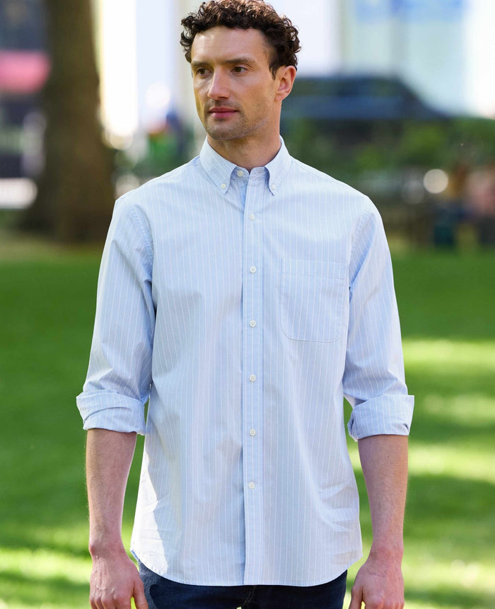 Blue Cotton Poplin Classic Fit Stripe Button-Down Smart Casual Shirt