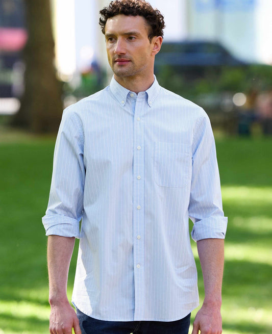 Blue Cotton Poplin Classic Fit Stripe Button-Down Smart Casual Shirt
