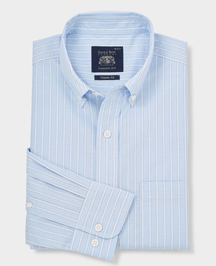 Men's Blue Cotton Poplin Classic Fit Stripe Smart Casual Shirt folded shot