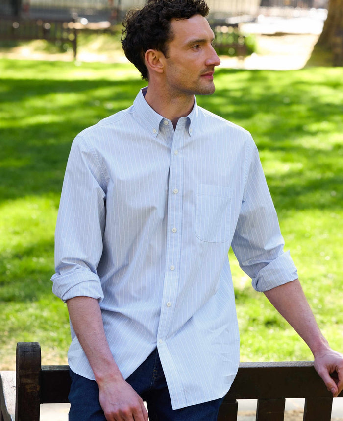 Blue Cotton Poplin Classic Fit Stripe Button-Down Smart Casual Shirt