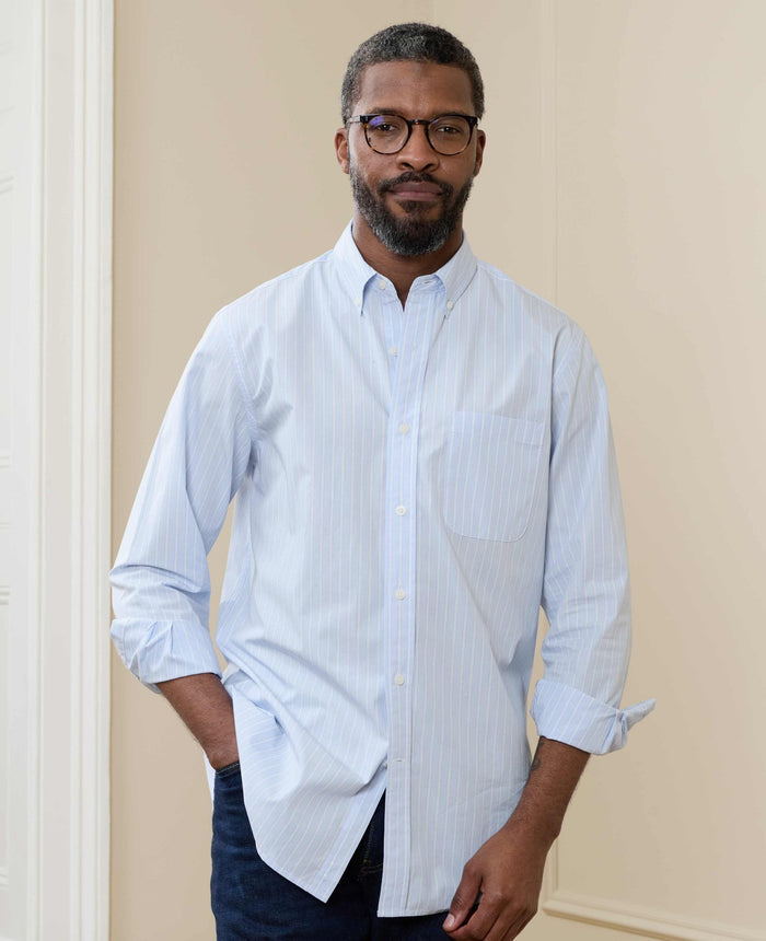 Men's Blue Cotton Poplin Classic Fit Stripe Smart Casual Shirt model shot