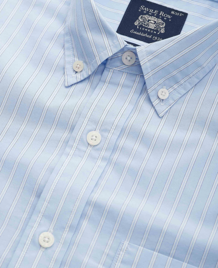Men's Blue Cotton Poplin Classic Fit Stripe Smart Casual Shirt collar detail