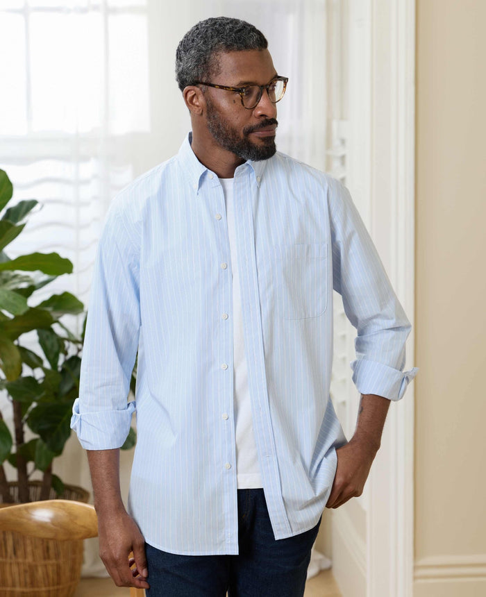 Men's Blue Cotton Poplin Classic Fit Stripe Smart Casual Shirt model shot