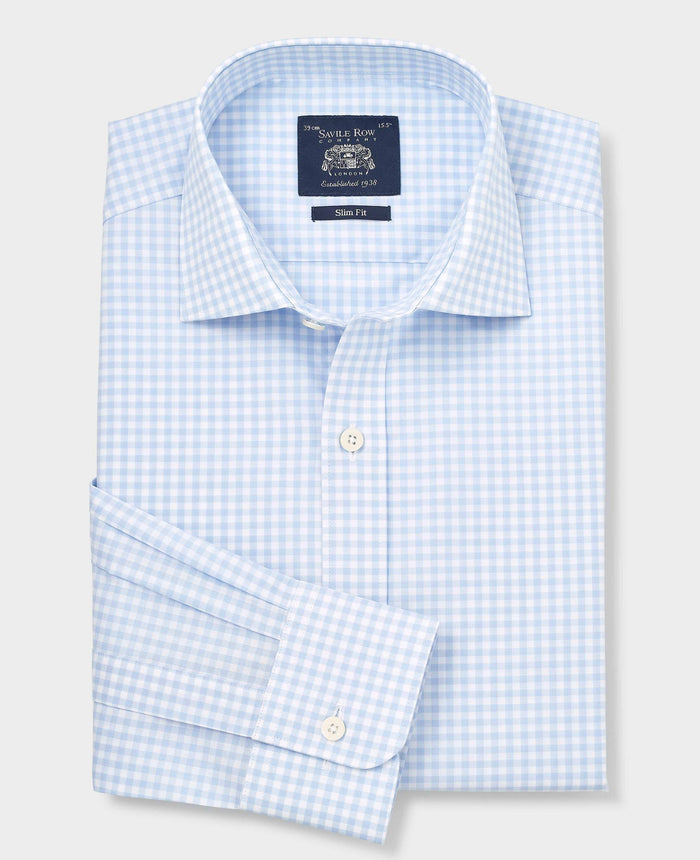 Men's Blue Cotton Poplin Gingham Check Slim Fit Formal Shirt With Single Cuffs folded