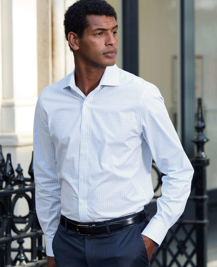 Blue Cotton Poplin Gingham Check Slim Fit Formal Shirt - Single Cuff