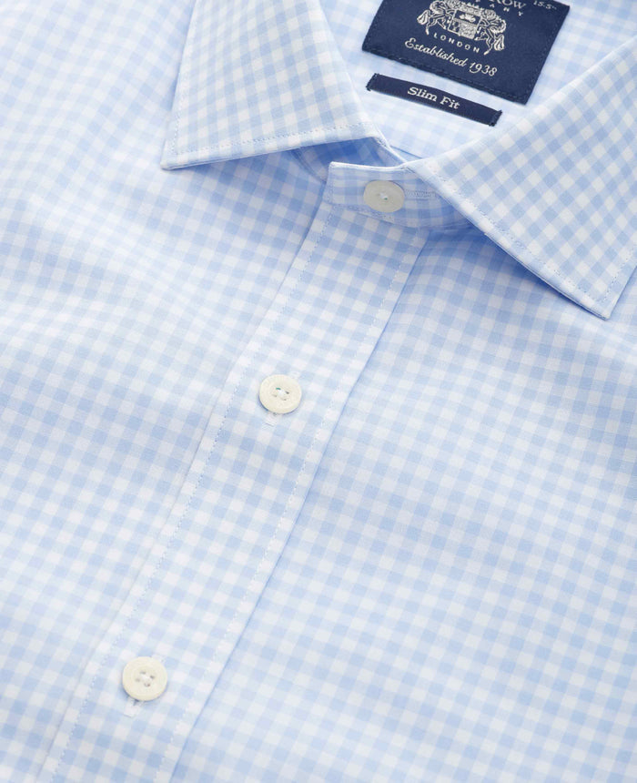 Men's Blue Cotton Poplin Gingham Check Slim Fit Formal Shirt With Single Cuffs collar detail