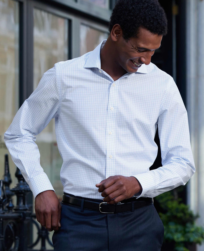Blue Cotton Poplin Gingham Check Slim Fit Formal Shirt - Single Cuff