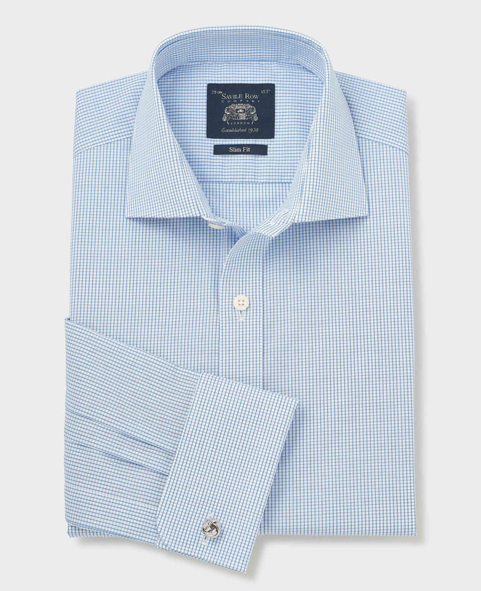 Men's Blue Cotton Poplin Mini Check Slim Fit Formal Shirt With Double Cuffs folded shot