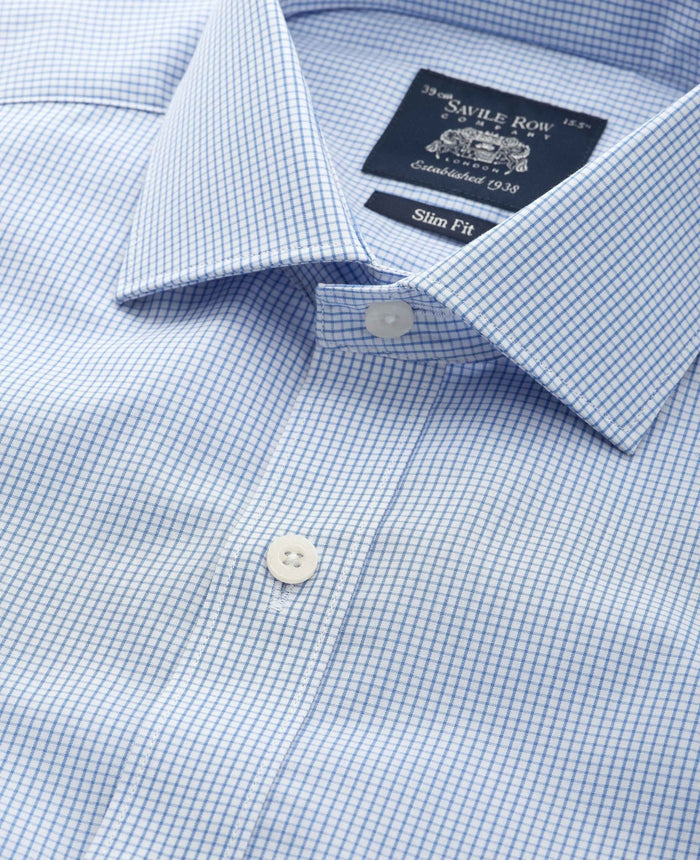 Men's Blue Cotton Poplin Mini Check Slim Fit Formal Shirt With Double Cuffs collar detail
