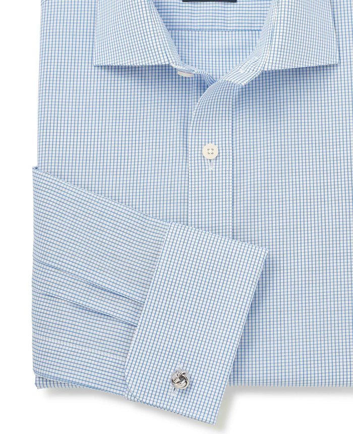 Men's Blue Cotton Poplin Mini Check Slim Fit Formal Shirt With Double Cuffs sleeve detail