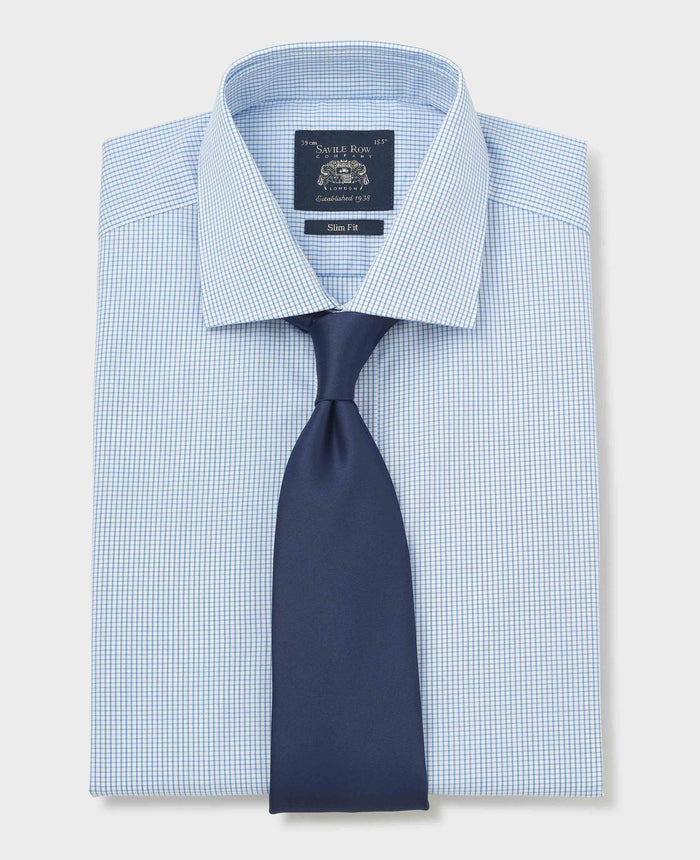 Men's Blue Cotton Poplin Mini Check Slim Fit Formal Shirt With Double Cuffs folded shot