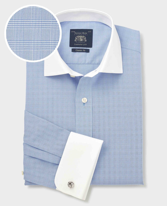 Men's Blue Cotton Poplin Prince of Wales Check Classic Fit Non-Iron Shirt With Double Cuffs folded shot
