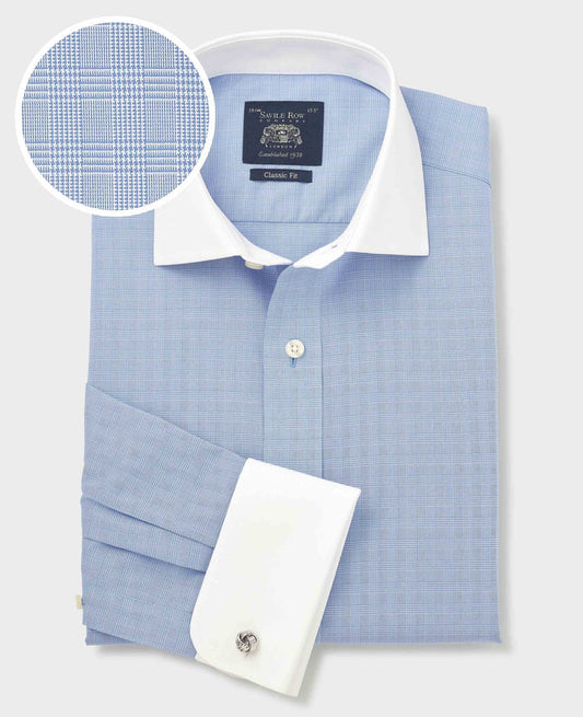 Men's Blue Cotton Poplin Prince of Wales Check Classic Fit Non-Iron Shirt With Double Cuffs folded shot