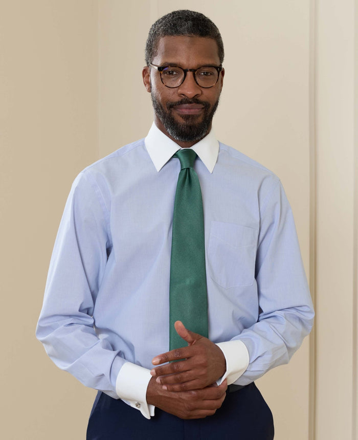 Men's Blue Cotton Poplin Stripe Classic Fit Winchester Formal Shirt With Double Cuffs model shot