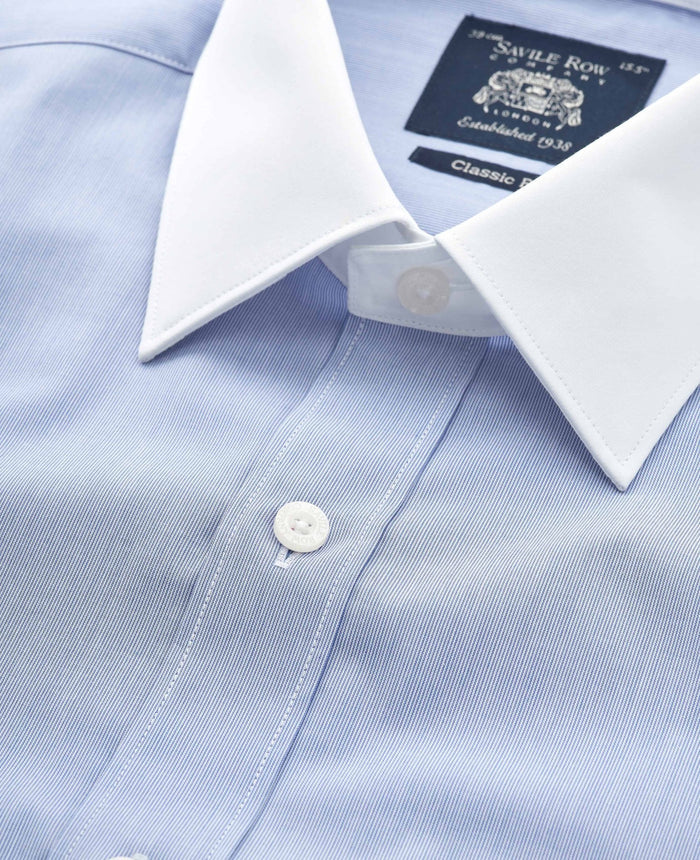 Men's Blue Cotton Poplin Stripe Classic Fit Winchester Formal Shirt With Double Cuffs collar detail