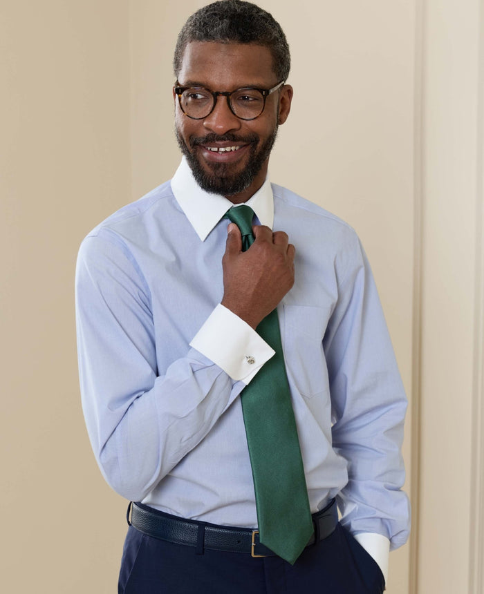 Men's Blue Cotton Poplin Stripe Classic Fit Winchester Formal Shirt With Double Cuffs model shot