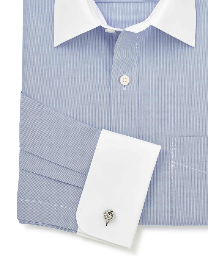 Men's Blue Cotton Poplin Stripe Classic Fit Winchester Formal Shirt With Double Cuffs sleeve detail