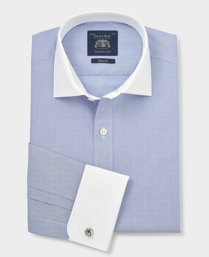 Men's Blue Cotton Poplin Stripe Slim Fit Winchester Formal Shirt With Double Cuffs folded shot