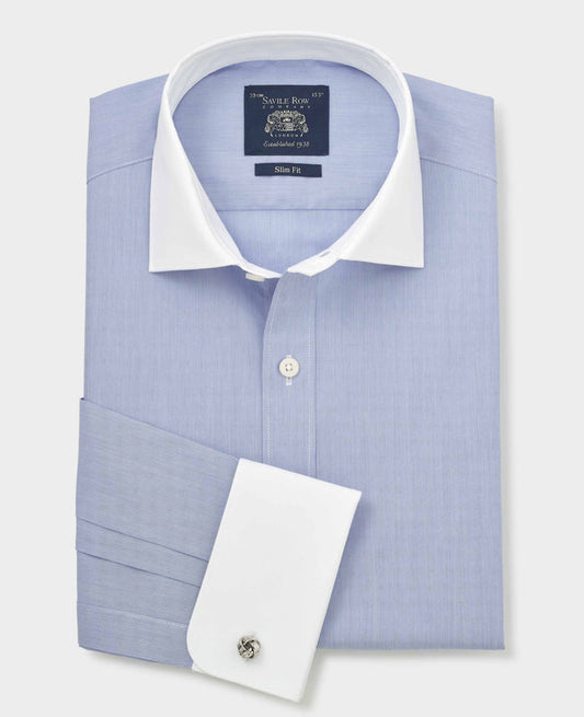 Men's Blue Cotton Poplin Stripe Slim Fit Winchester Formal Shirt With Double Cuffs folded shot