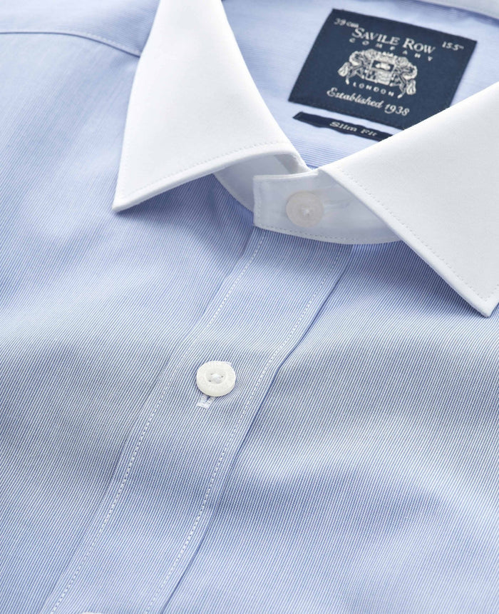 Men's Blue Cotton Poplin Stripe Slim Fit Winchester Formal Shirt With Double Cuffs collar detail