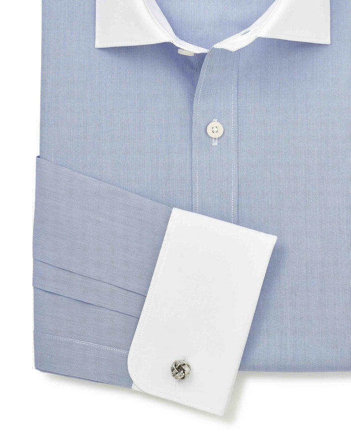 Men's Blue Cotton Poplin Stripe Slim Fit Winchester Formal Shirt With Double Cuffs sleeve detail