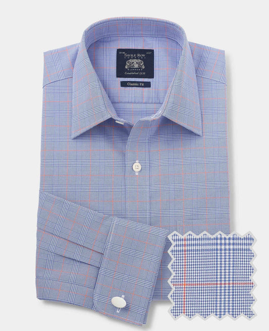 Men's Blue Cotton Prince of Wales Check Classic Fit Formal Shirt With Double Cuffs product shot with swatch