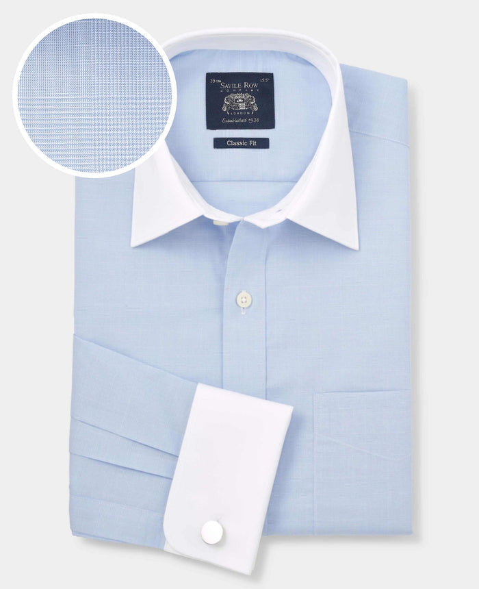 Men's Blue Cotton Prince of Wales Check Classic Fit Winchester Formal Shirt With Double Cuffs with fabric swatch
