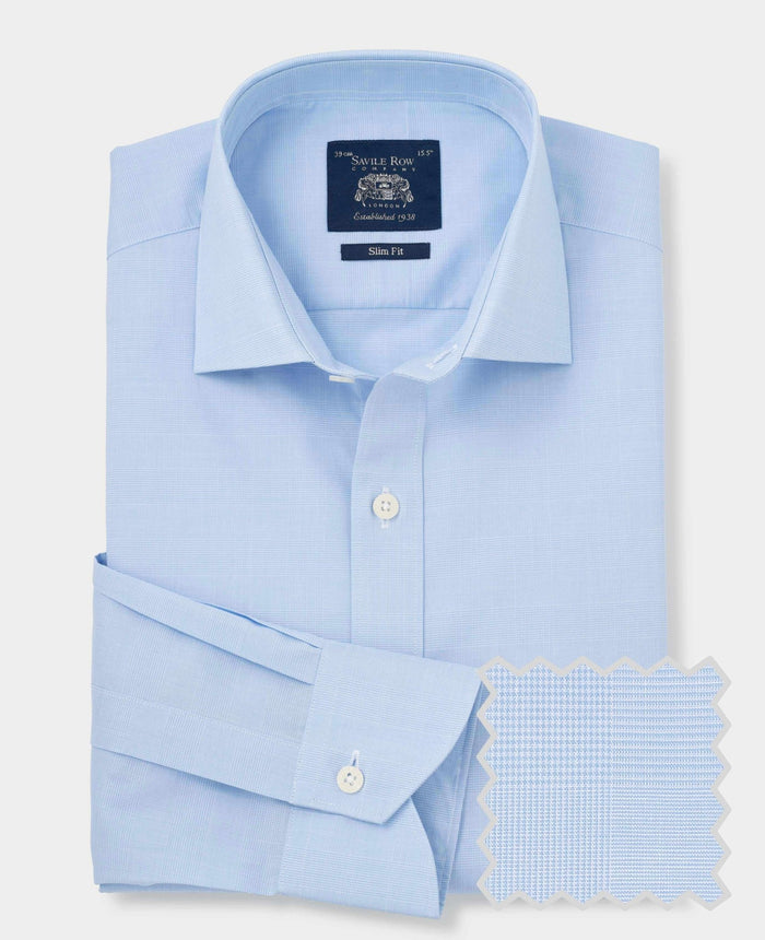 Men's Blue Cotton Poplin Prince of Wales Check Slim Fit Formal Shirt With Single Cuffs product shot with swatch
