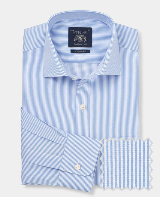 Men's Blue Cotton Twill Classic Fit Striped Formal Shirt With Single Cuffs product shot with swatch