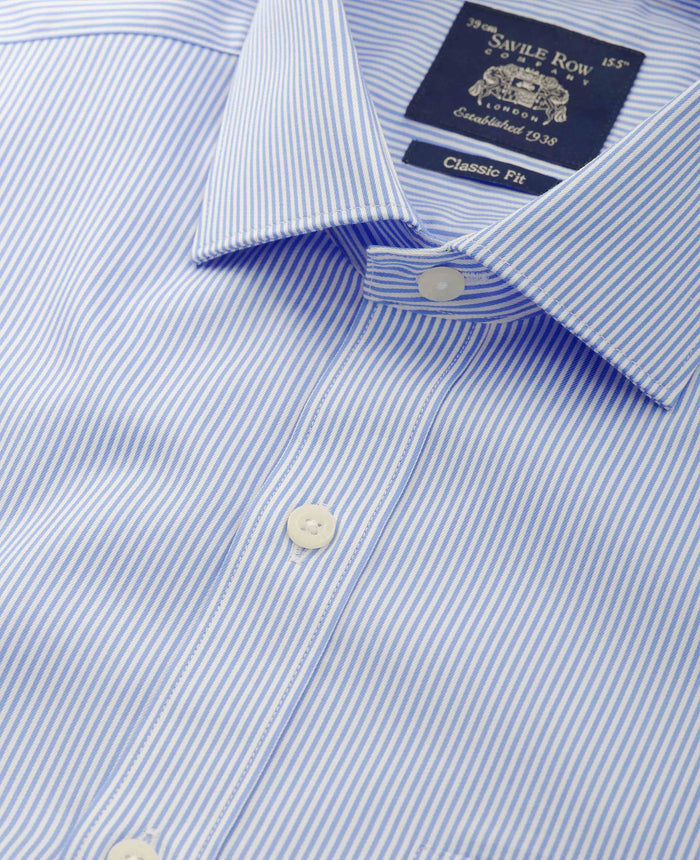 Men's Blue Cotton Twill Classic Fit Striped Formal Shirt collar detail