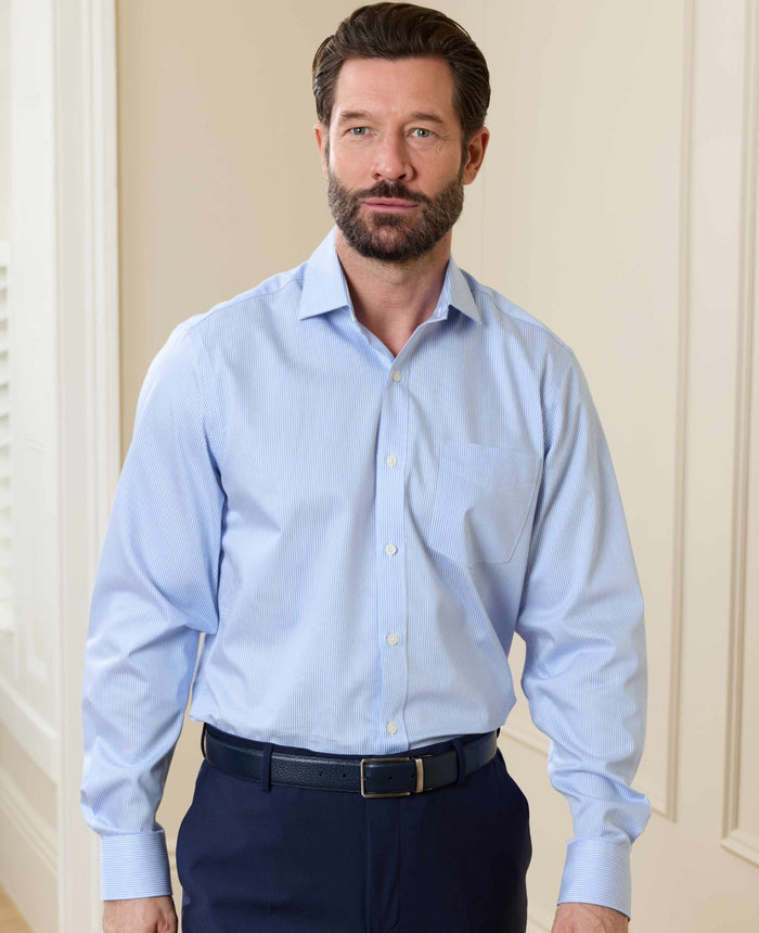 Men's Blue Cotton Twill Classic Fit Striped Formal Shirt With Single Cuffs model shot