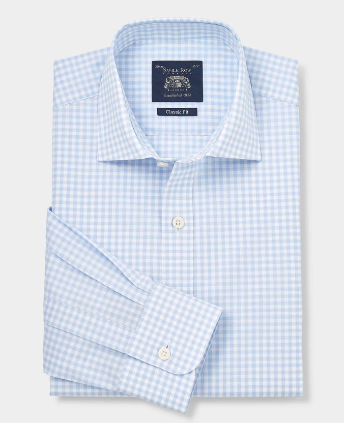Men's Blue Cotton Gingham Check Classic Fit Formal Shirt With Single Cuffs folded
