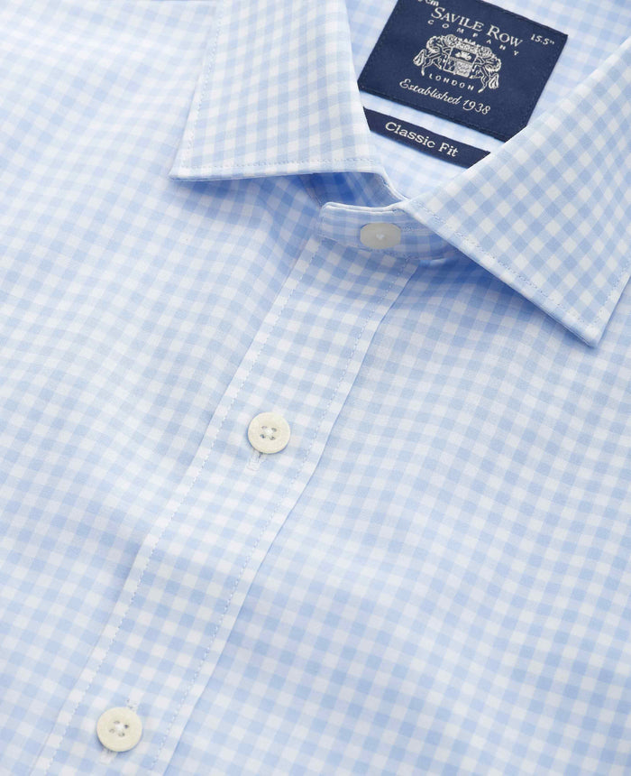 Men's Blue Cotton Gingham Check Classic Fit Formal Shirt With Single Cuffs collar detail