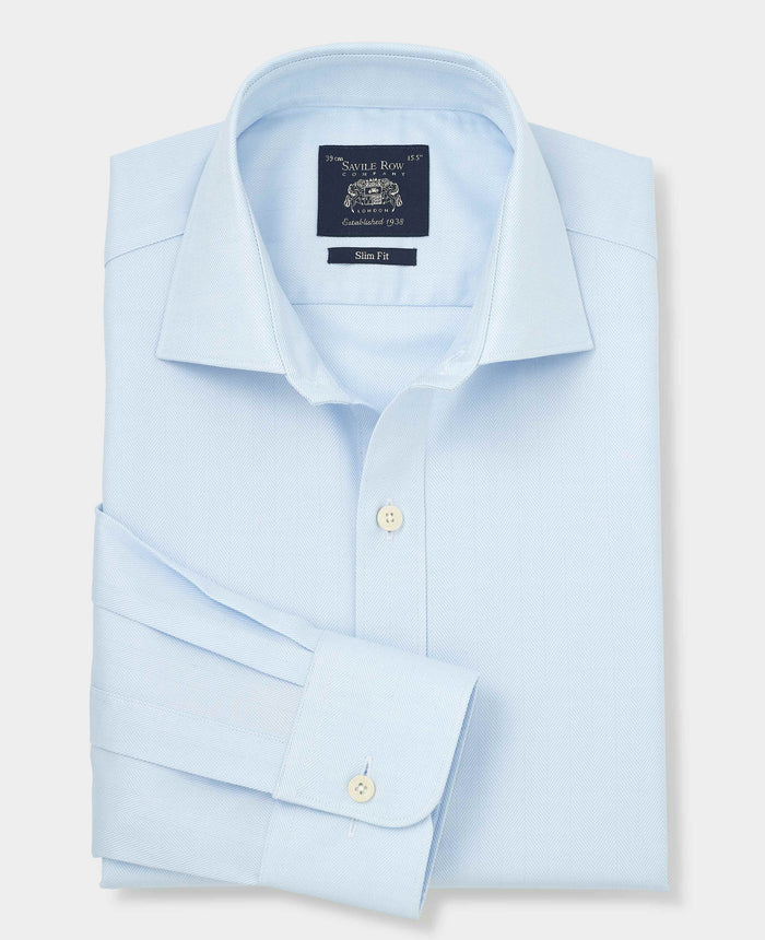 Men's Blue Herringbone Cotton Slim Fit Formal Shirt With Single Cuffs folded