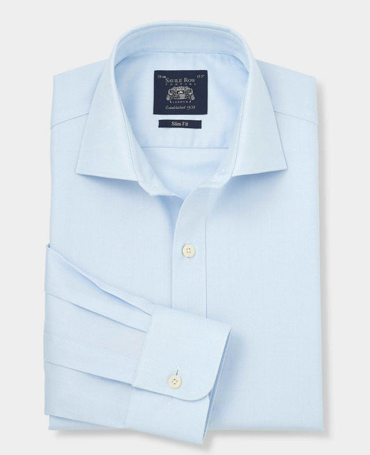 Men's Blue Herringbone Cotton Slim Fit Formal Shirt With Single Cuffs folded