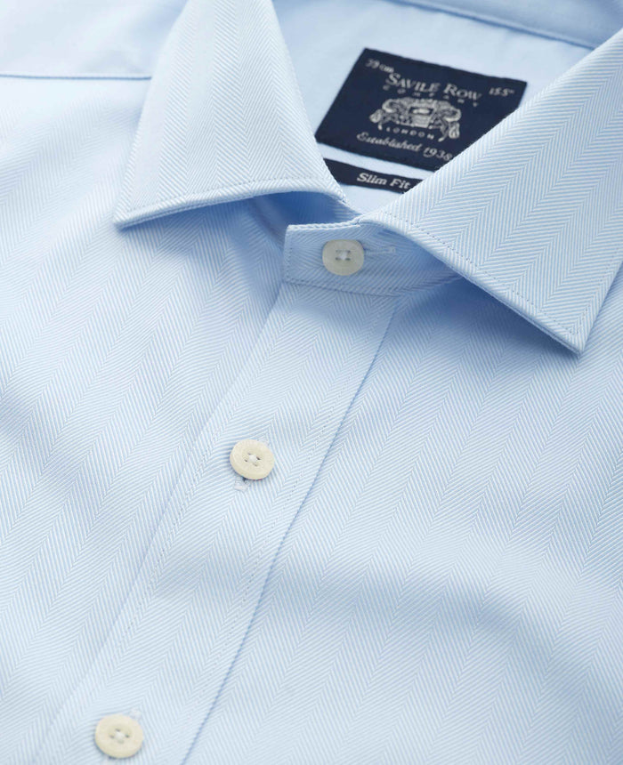 Men's Blue Herringbone Cotton Slim Fit Formal Shirt With Single Cuffs collar detail