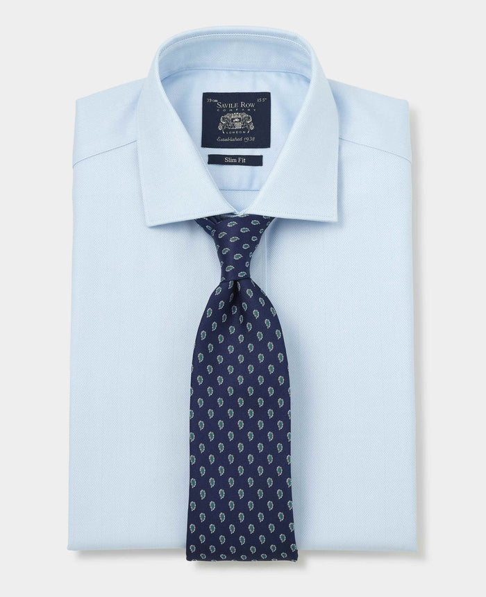 Men's Blue Herringbone Cotton Slim Fit Formal Shirt With Single Cuffs folded with tie