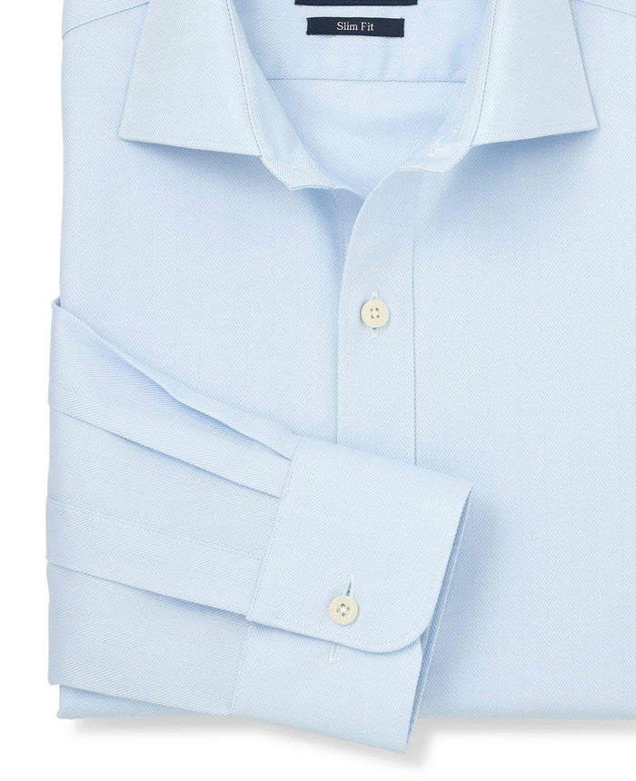 Men's Blue Herringbone Cotton Slim Fit Formal Shirt With Single Cuffs sleeve detail