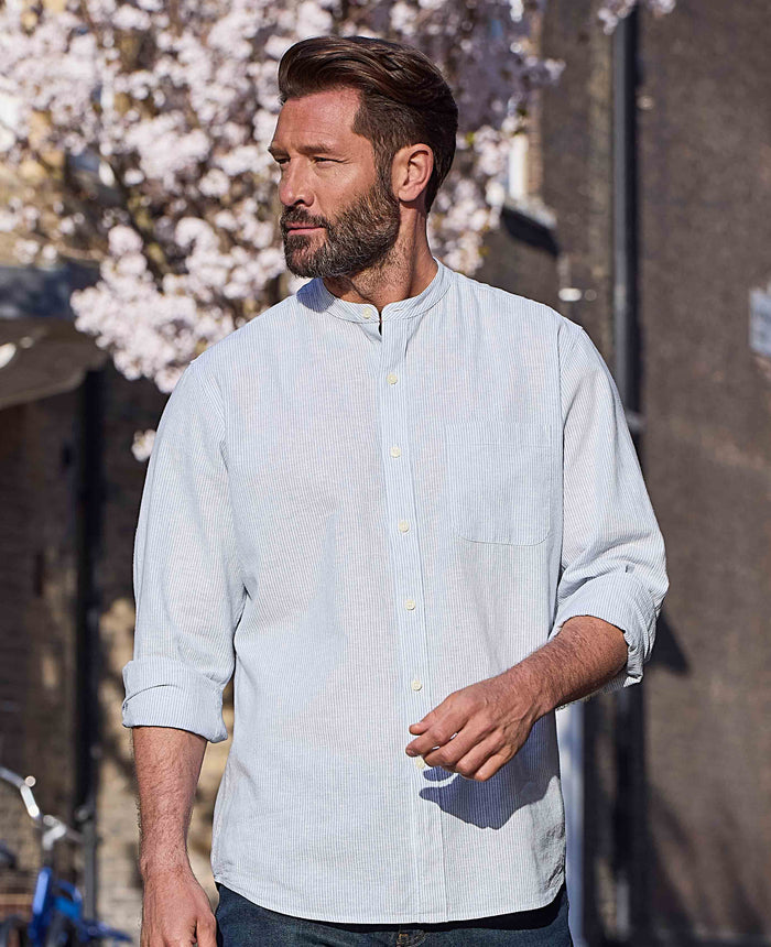 Men's Blue Linen Cotton Stripe Classic Fit Grandad Collar Casual Shirt model shot