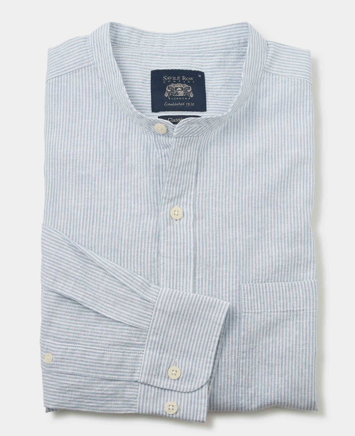 Men's Blue Linen Cotton Stripe Classic Fit Grandad Collar Casual Shirt folded