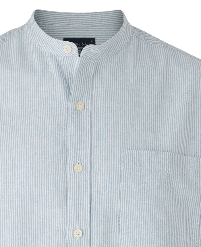Men's Blue Linen Cotton Stripe Classic Fit Grandad Collar Casual Shirt collar detail