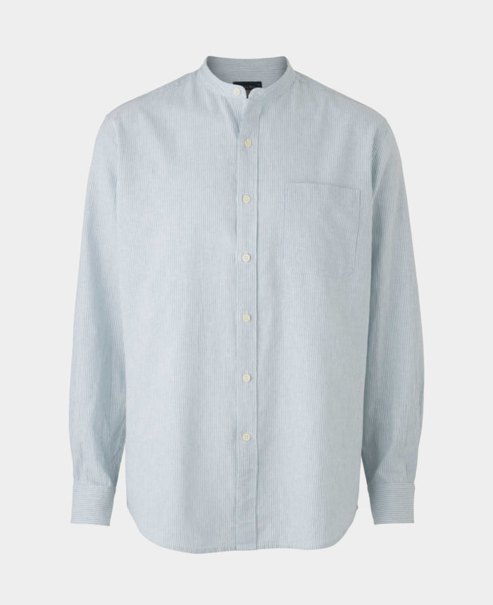 Men's Blue Linen Cotton Stripe Classic Fit Grandad Collar Casual Shirt mannequin