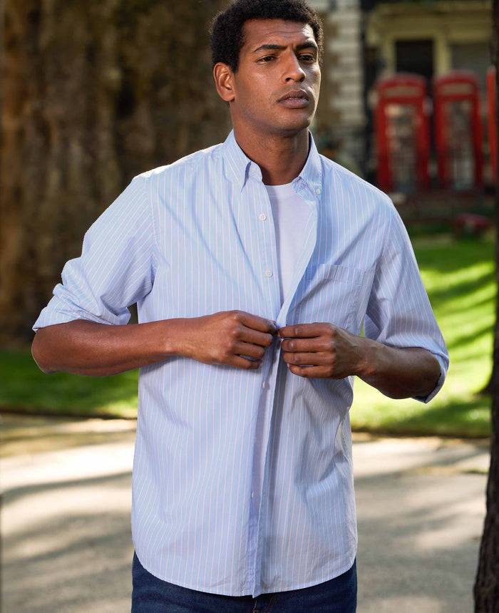 Blue Pink Cotton Poplin Classic Fit Stripe Button-Down Smart Casual Shirt