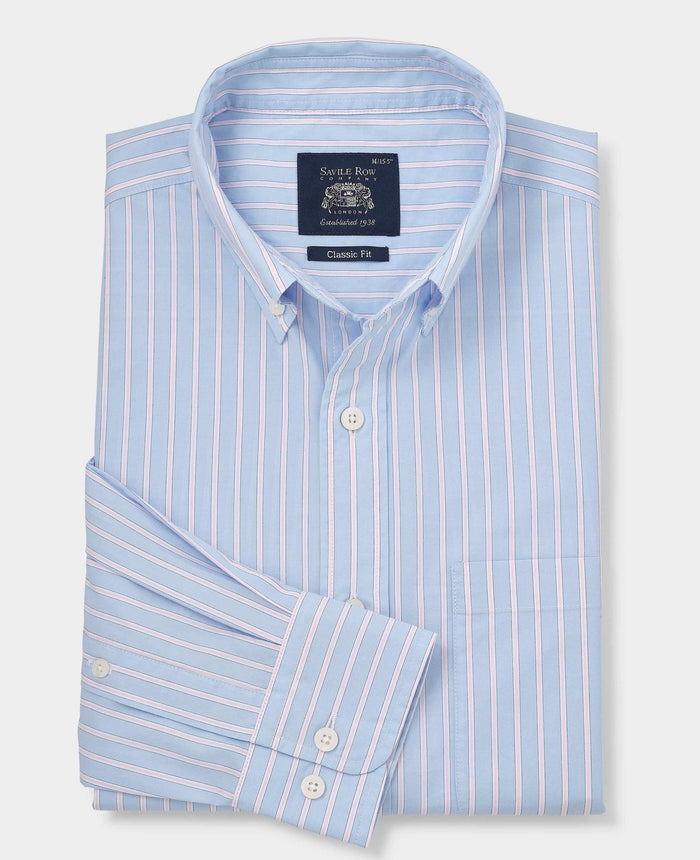 Men's Blue Pink Cotton Poplin Classic Fit Stripe Button-Down Smart Casual Shirt folded shot