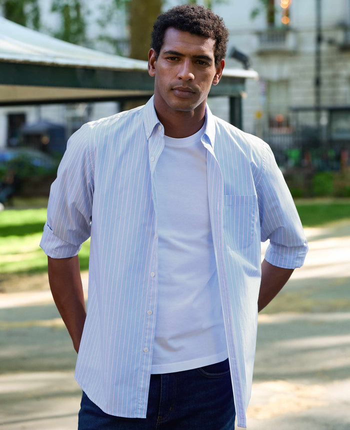 Blue Pink Cotton Poplin Classic Fit Stripe Button-Down Smart Casual Shirt