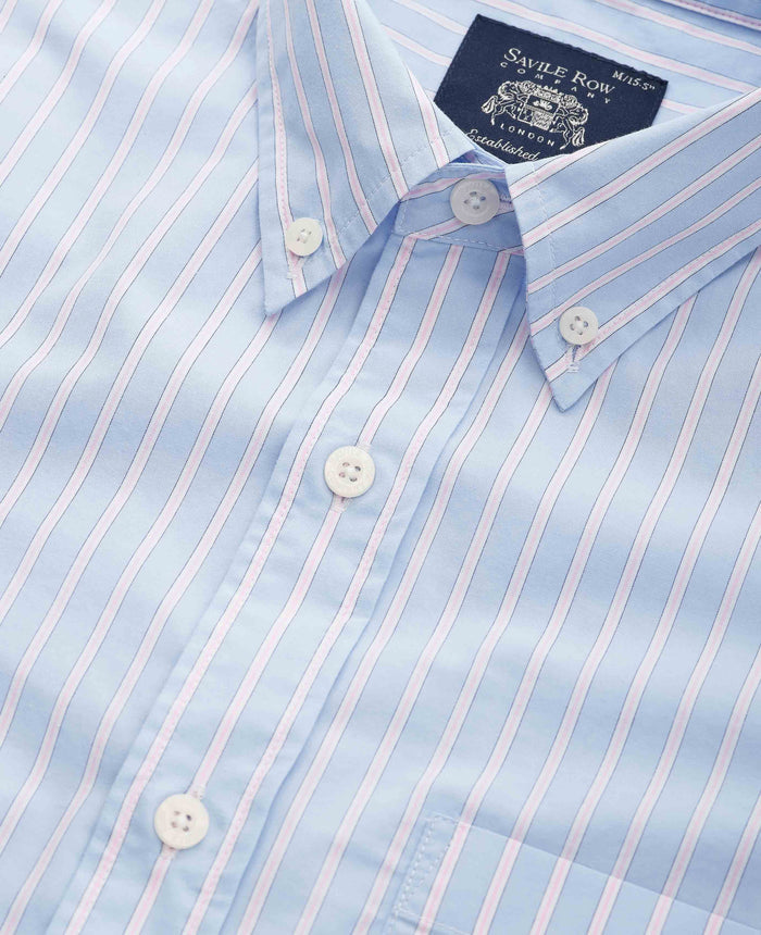 Men's Blue Pink Cotton Poplin Classic Fit Stripe Button-Down Smart Casual Shirt collar detail