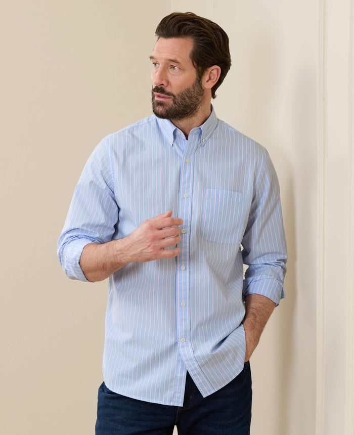 Men's Blue Pink Cotton Poplin Classic Fit Stripe Button-Down Smart Casual Shirt model shot