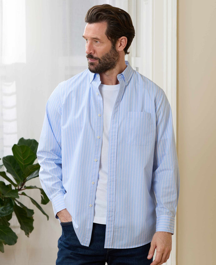 Men's Blue Pink Cotton Poplin Classic Fit Stripe Button-Down Smart Casual Shirt model shot