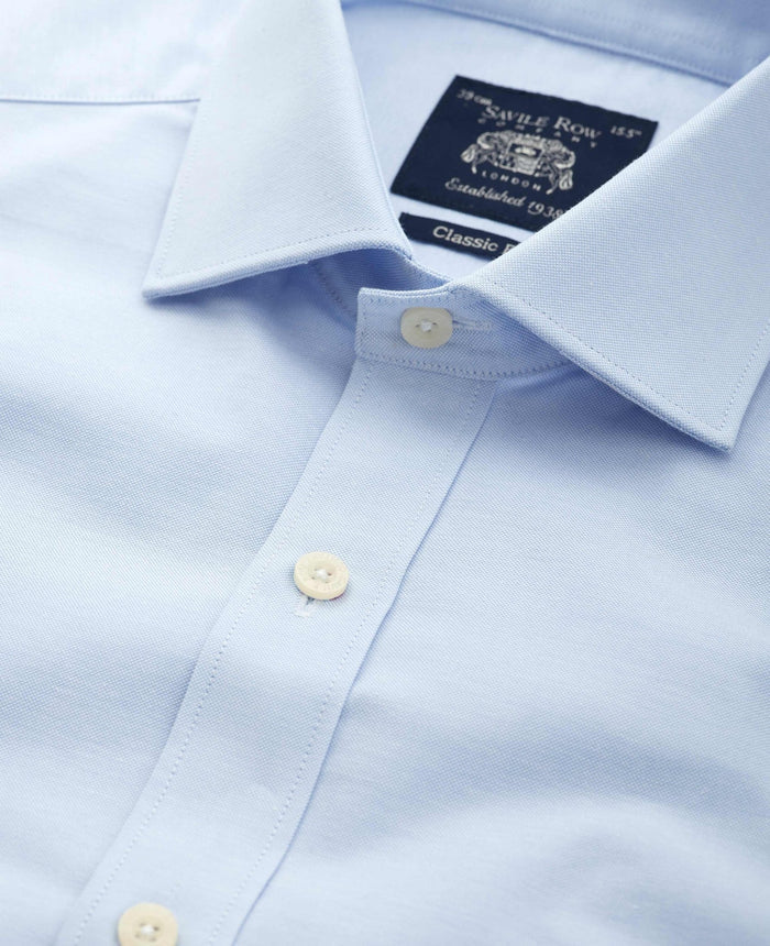 Men's Blue Pinpoint Cotton Classic Fit Formal Shirt With Single Cuffs collar detail