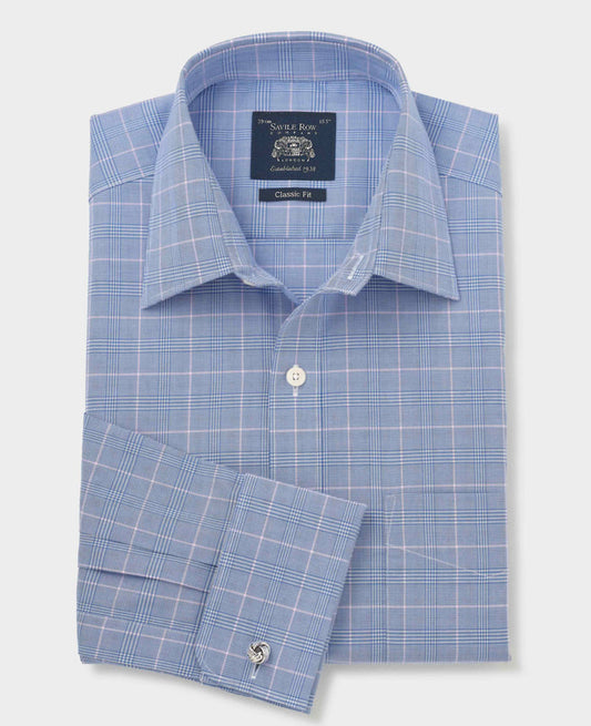 Men's Blue Prince of Wales Check Cotton Classic Fit Winchester Formal Shirt With Double Cuffs folded shot